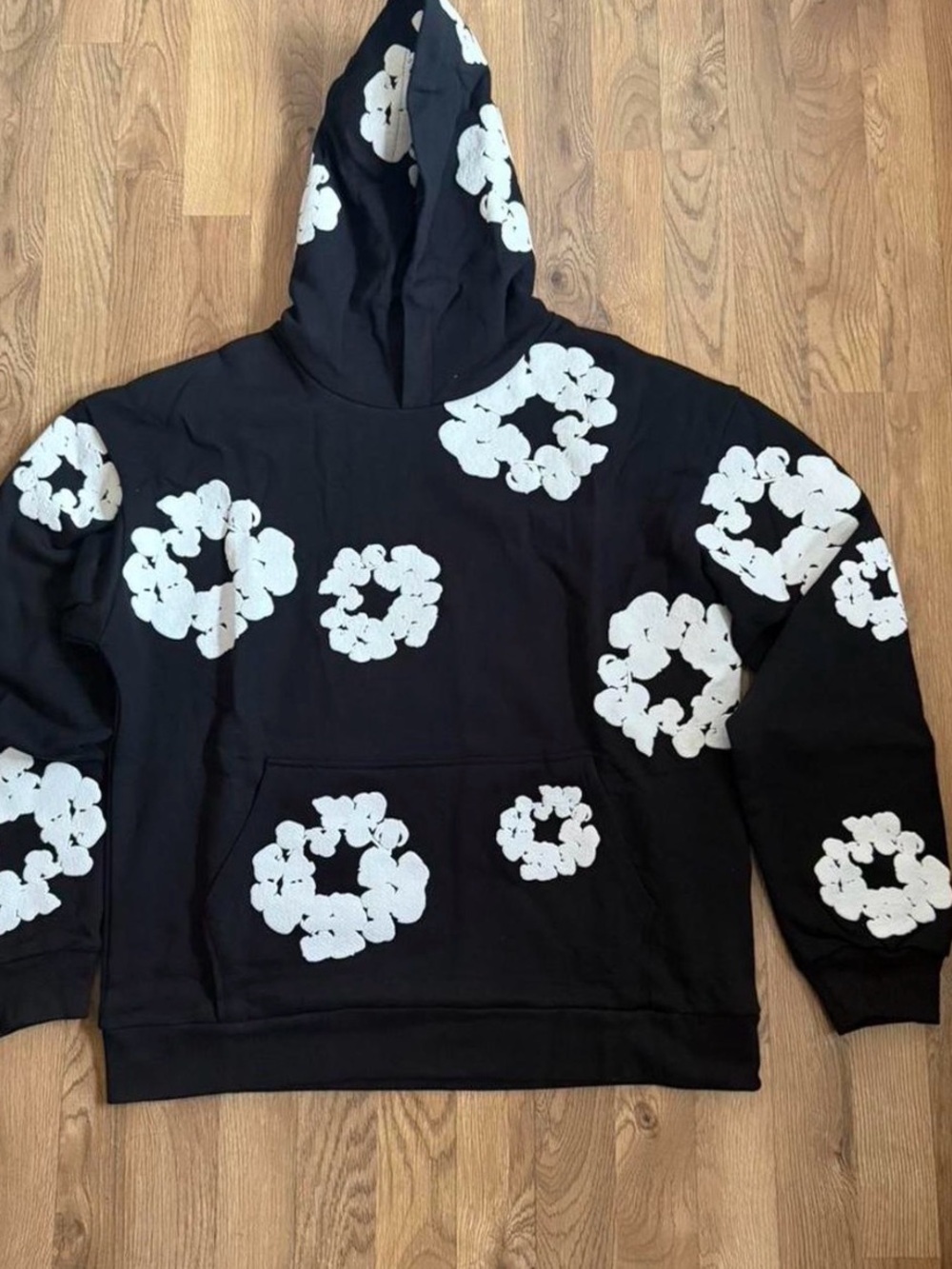 Black Crewneck Hoodie with White Floral Ring Motif